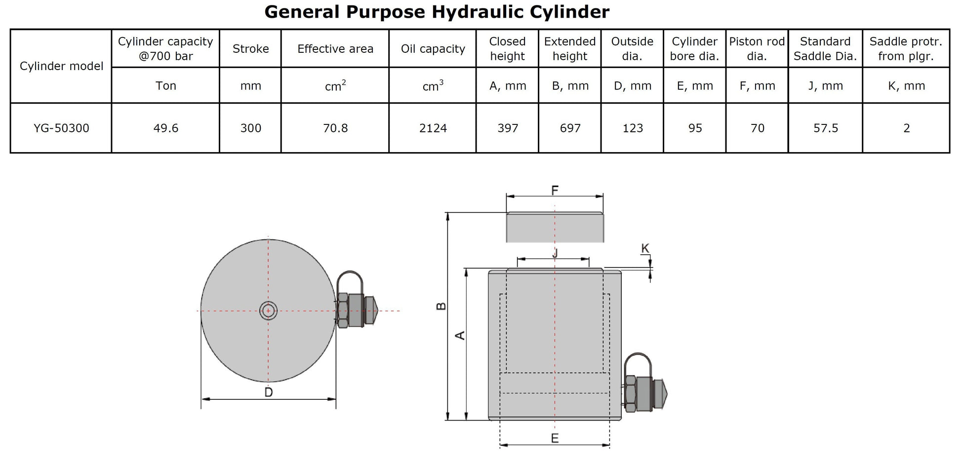 Einzelwirkender Hydraulikzylinder (50T, 300mm) (YG-50300)